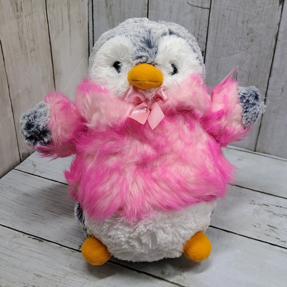 Aurora 8.5"t Fuzzy PomPom Peguin Plush w/Pink Fuzzy Winter Coat NWT